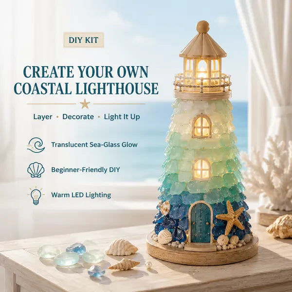 🌊 DIY Coastal Lighthouse Lamp Kit – Sea Glass LED Decor💕