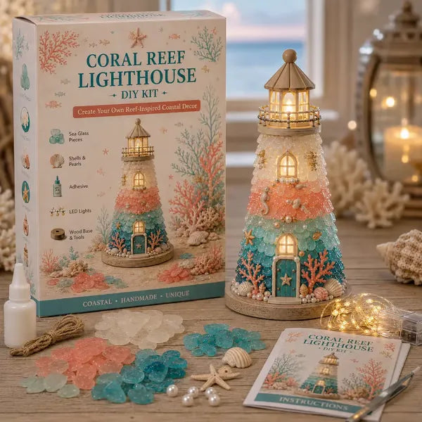 🌊 DIY Coastal Lighthouse Lamp Kit – Sea Glass LED Decor💕