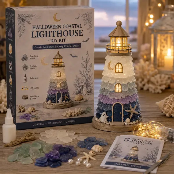 🌊 DIY Coastal Lighthouse Lamp Kit – Sea Glass LED Decor💕