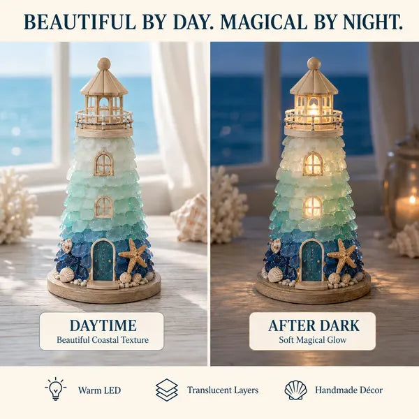🌊 DIY Coastal Lighthouse Lamp Kit – Sea Glass LED Decor💕