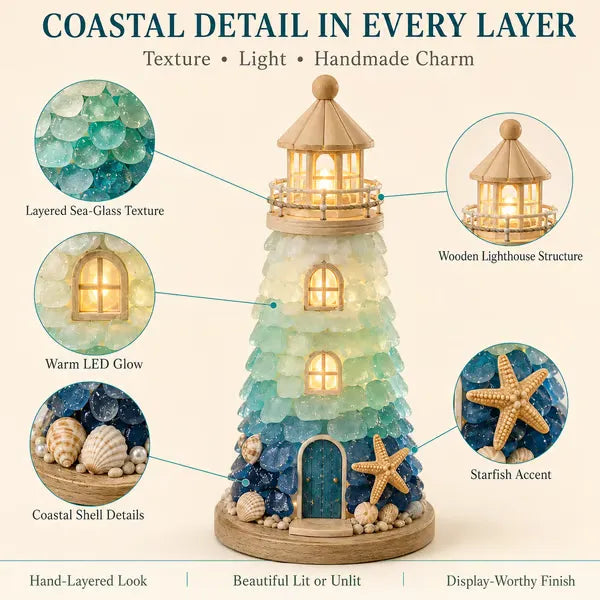 🌊 DIY Coastal Lighthouse Lamp Kit – Sea Glass LED Decor💕