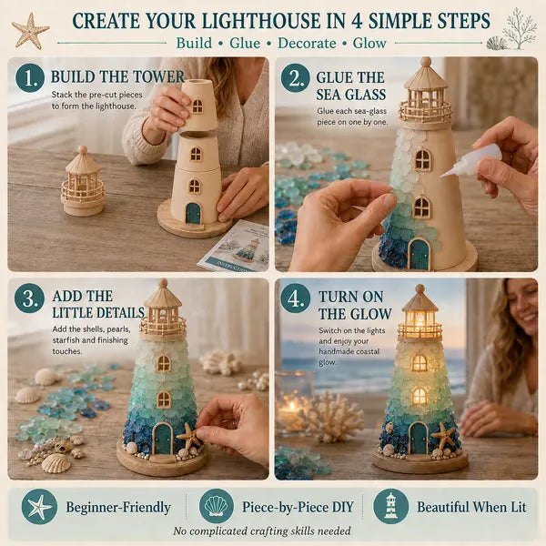 🌊 DIY Coastal Lighthouse Lamp Kit – Sea Glass LED Decor💕