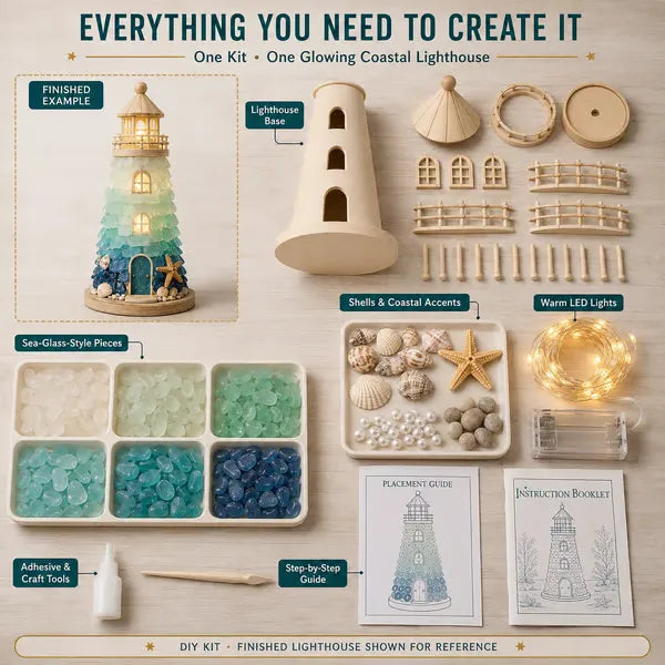 🌊 DIY Coastal Lighthouse Lamp Kit – Sea Glass LED Decor💕
