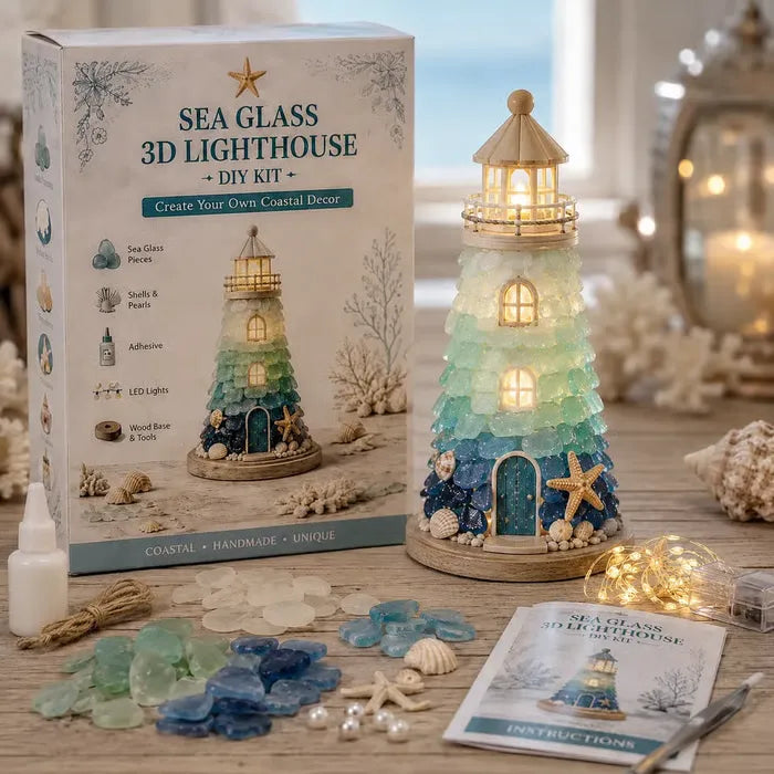 🌊 DIY Coastal Lighthouse Lamp Kit – Sea Glass LED Decor💕