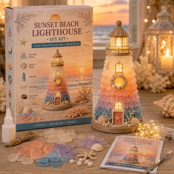 🌊 DIY Coastal Lighthouse Lamp Kit – Sea Glass LED Decor💕