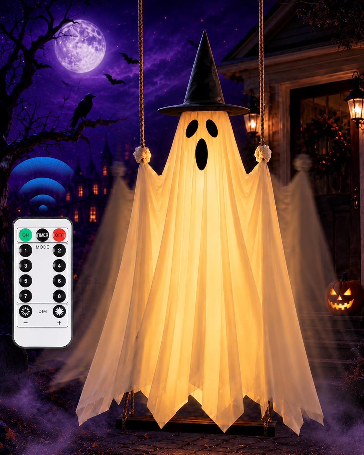 Giant Swinging Ghost Halloween Decoration with LED Lights & Remote Control
