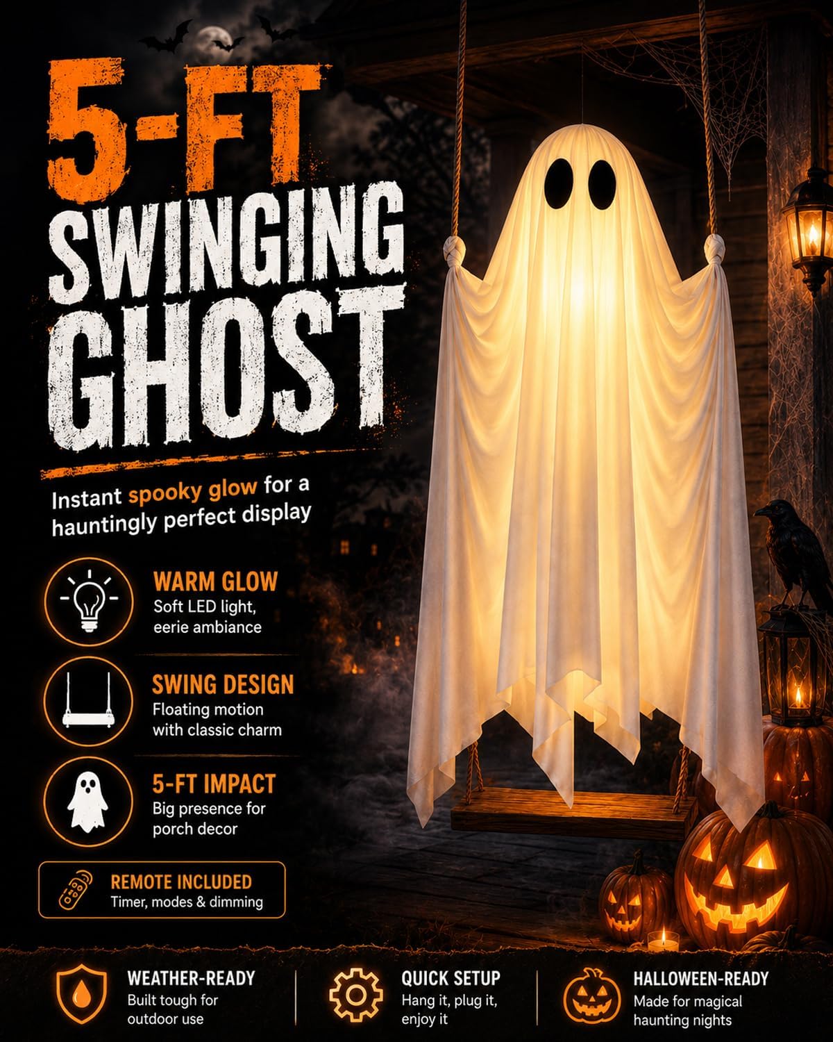 Giant Swinging Ghost Halloween Decoration with LED Lights & Remote Control