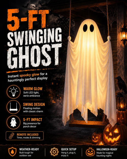 Giant Swinging Ghost Halloween Decoration with LED Lights & Remote Control