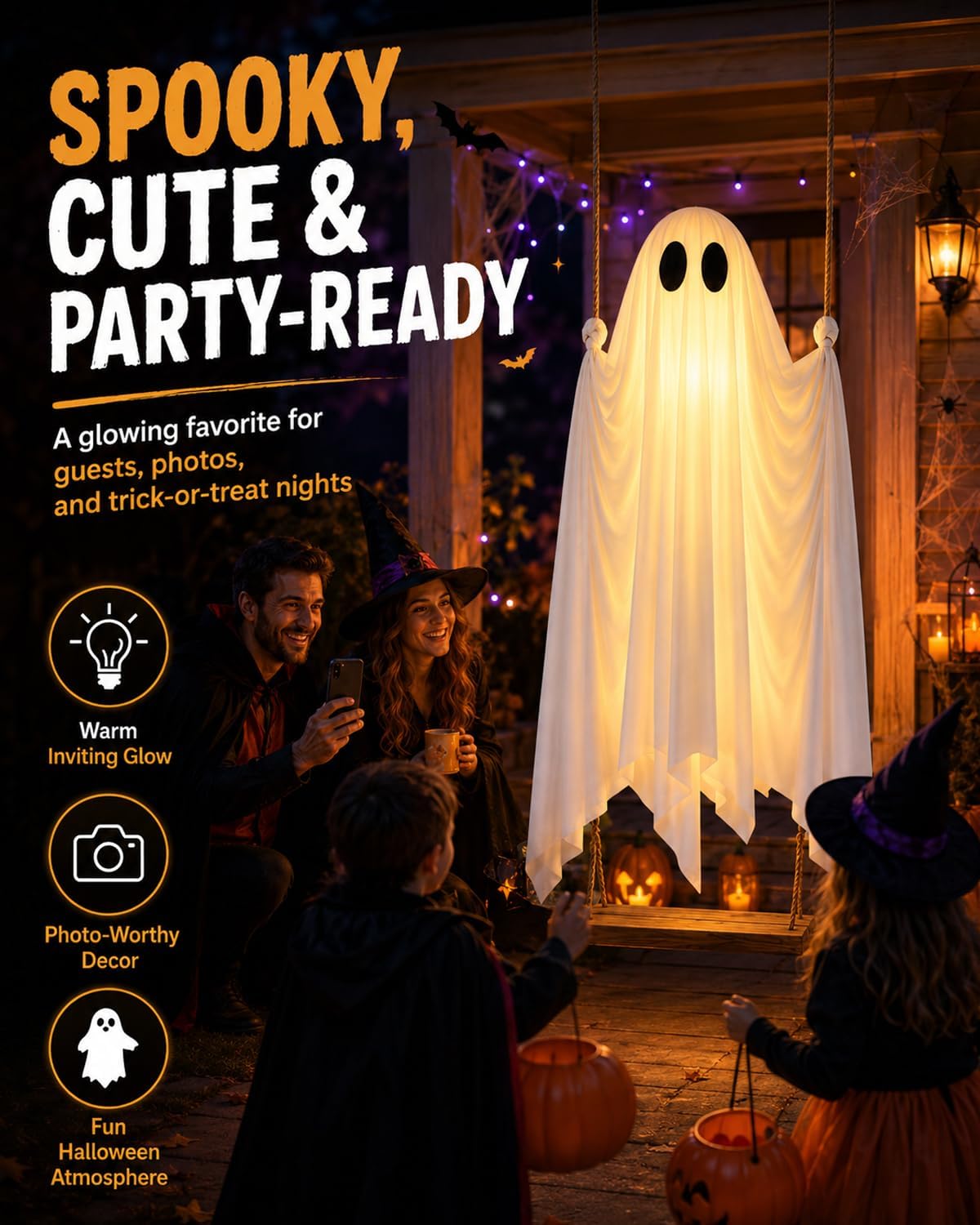 Giant Swinging Ghost Halloween Decoration with LED Lights & Remote Control