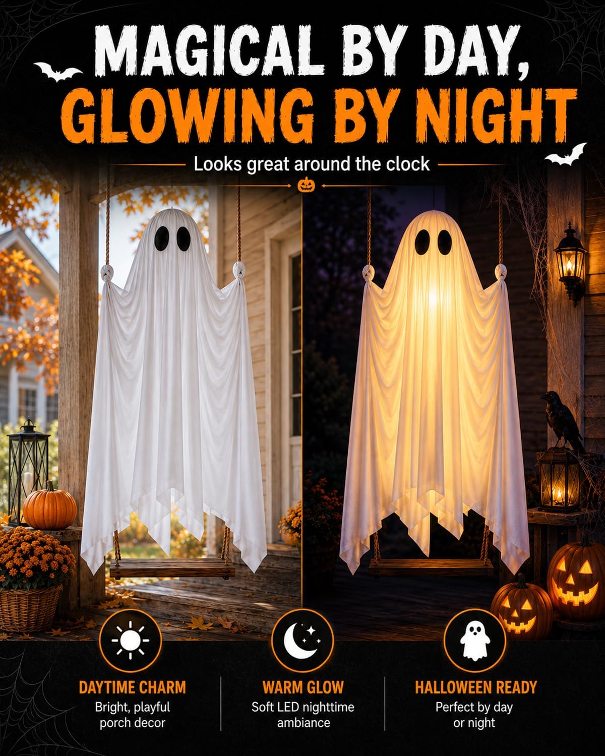 Giant Swinging Ghost Halloween Decoration with LED Lights & Remote Control