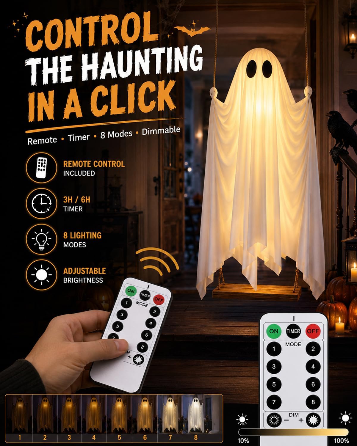 Giant Swinging Ghost Halloween Decoration with LED Lights & Remote Control