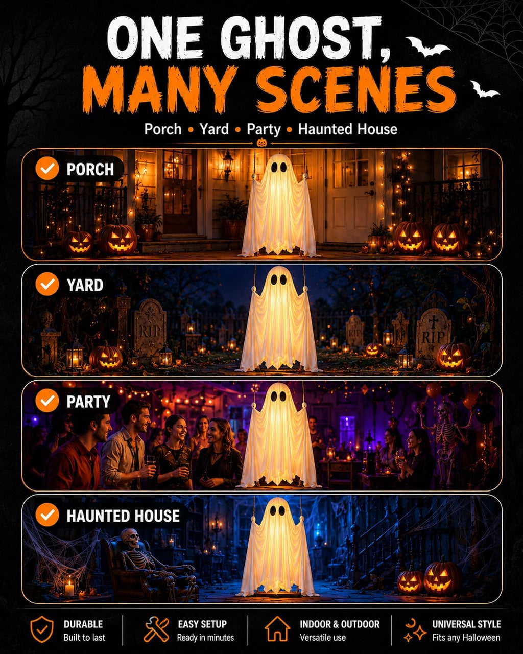 Giant Swinging Ghost Halloween Decoration with LED Lights & Remote Control