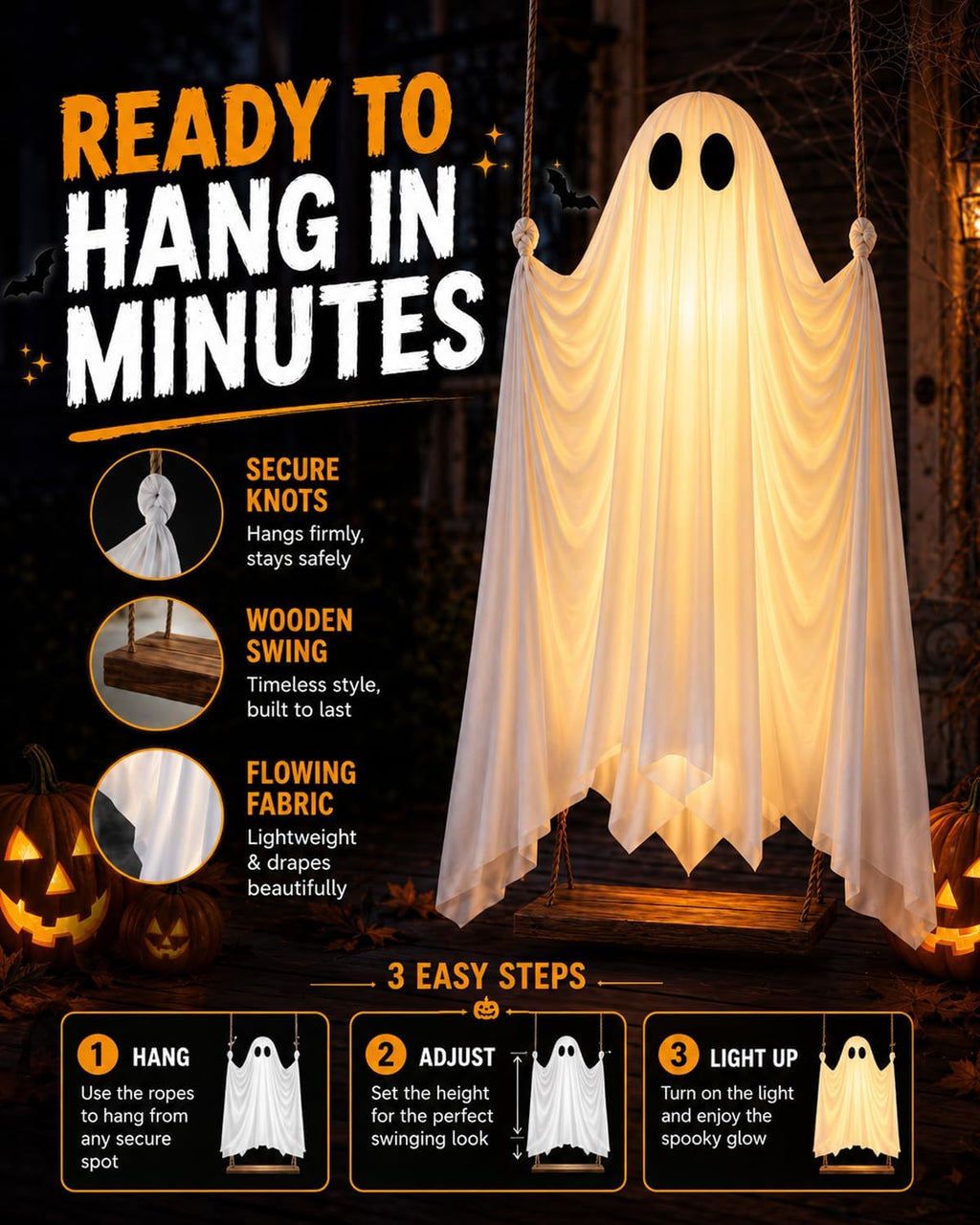 Giant Swinging Ghost Halloween Decoration with LED Lights & Remote Control