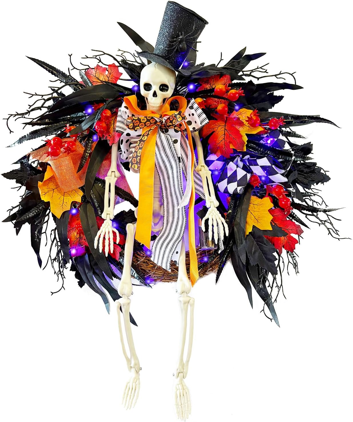 28" Lighted Skeleton Halloween Wreath