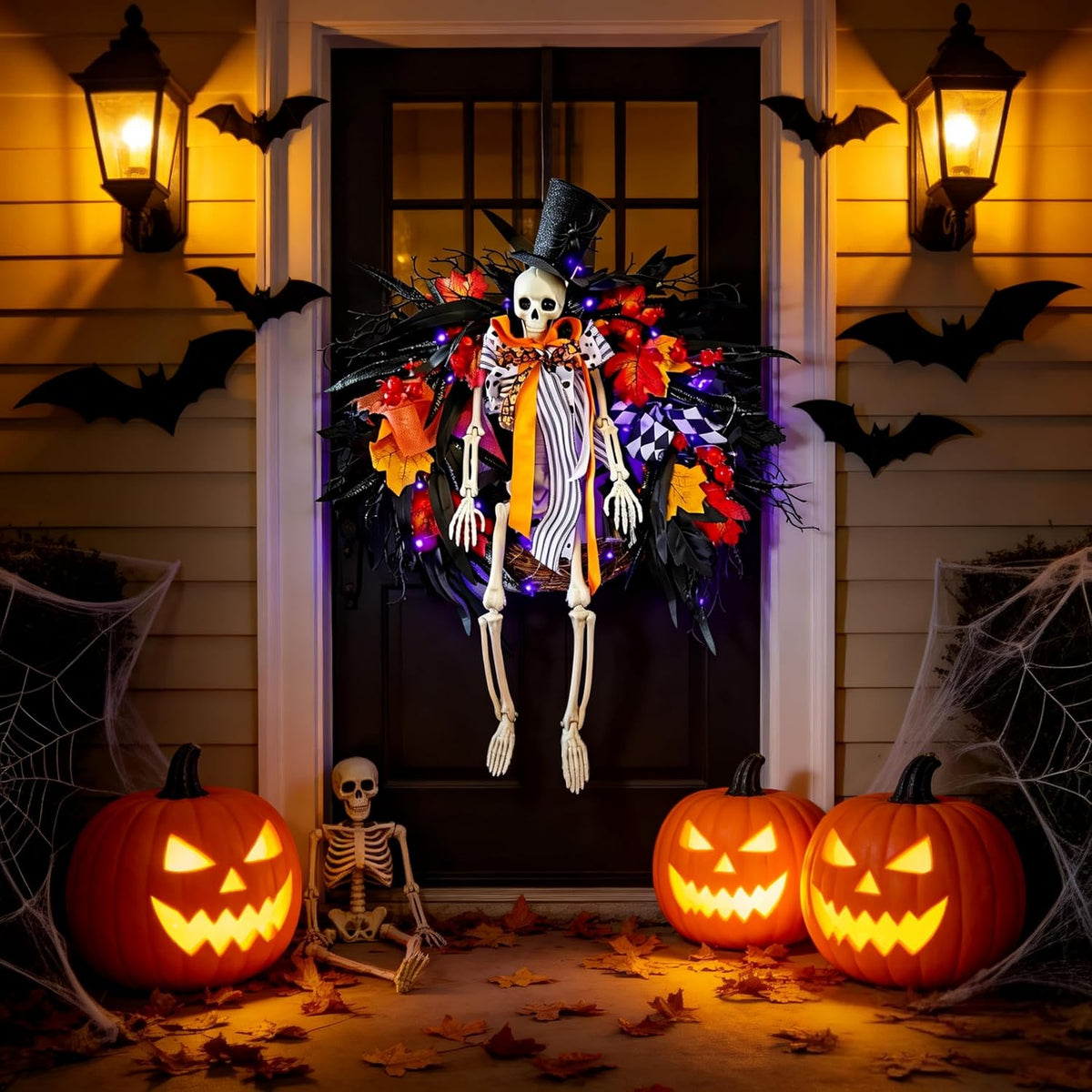 28" Lighted Skeleton Halloween Wreath