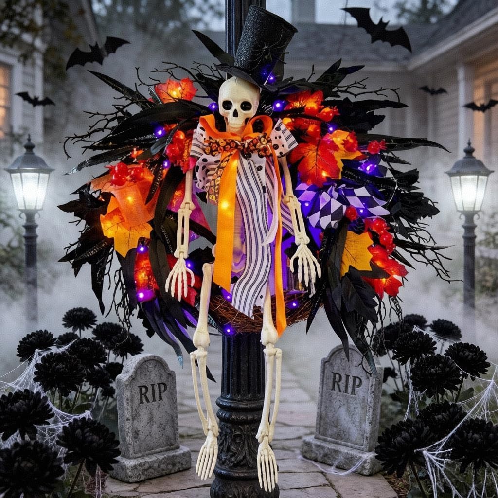 28" Lighted Skeleton Halloween Wreath