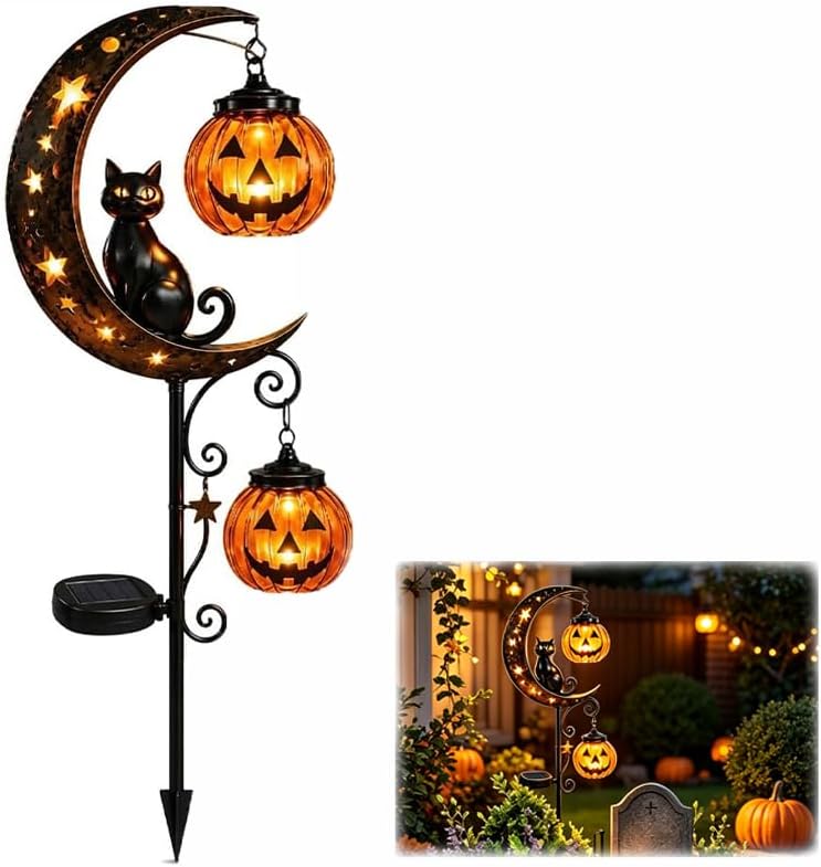 🎃Solar Halloween Black Cat & Pumpkin Moon Garden Stake Light