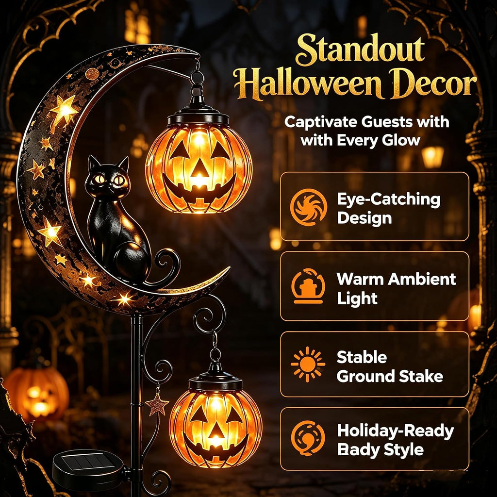 🎃Solar Halloween Black Cat & Pumpkin Moon Garden Stake Light