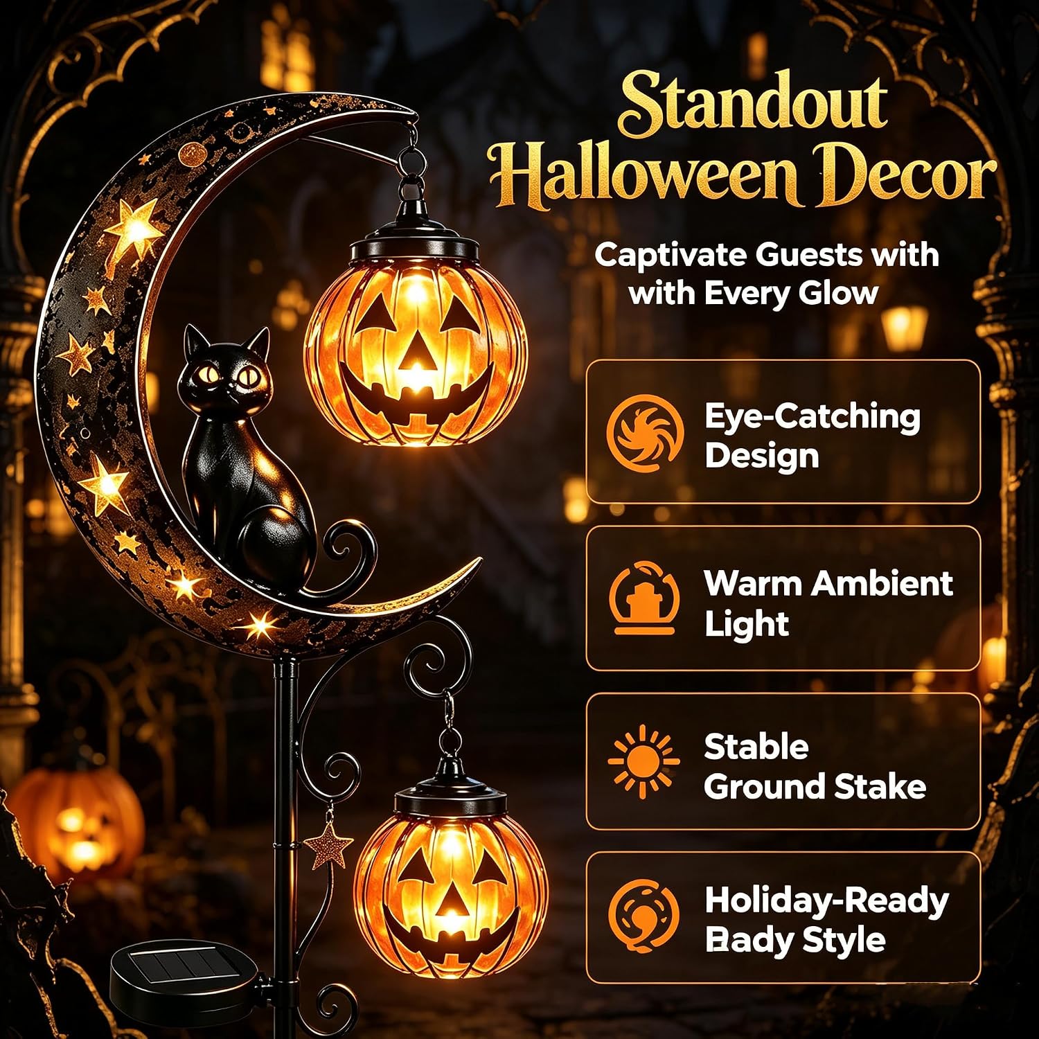 🎃Solar Halloween Black Cat & Pumpkin Moon Garden Stake Light