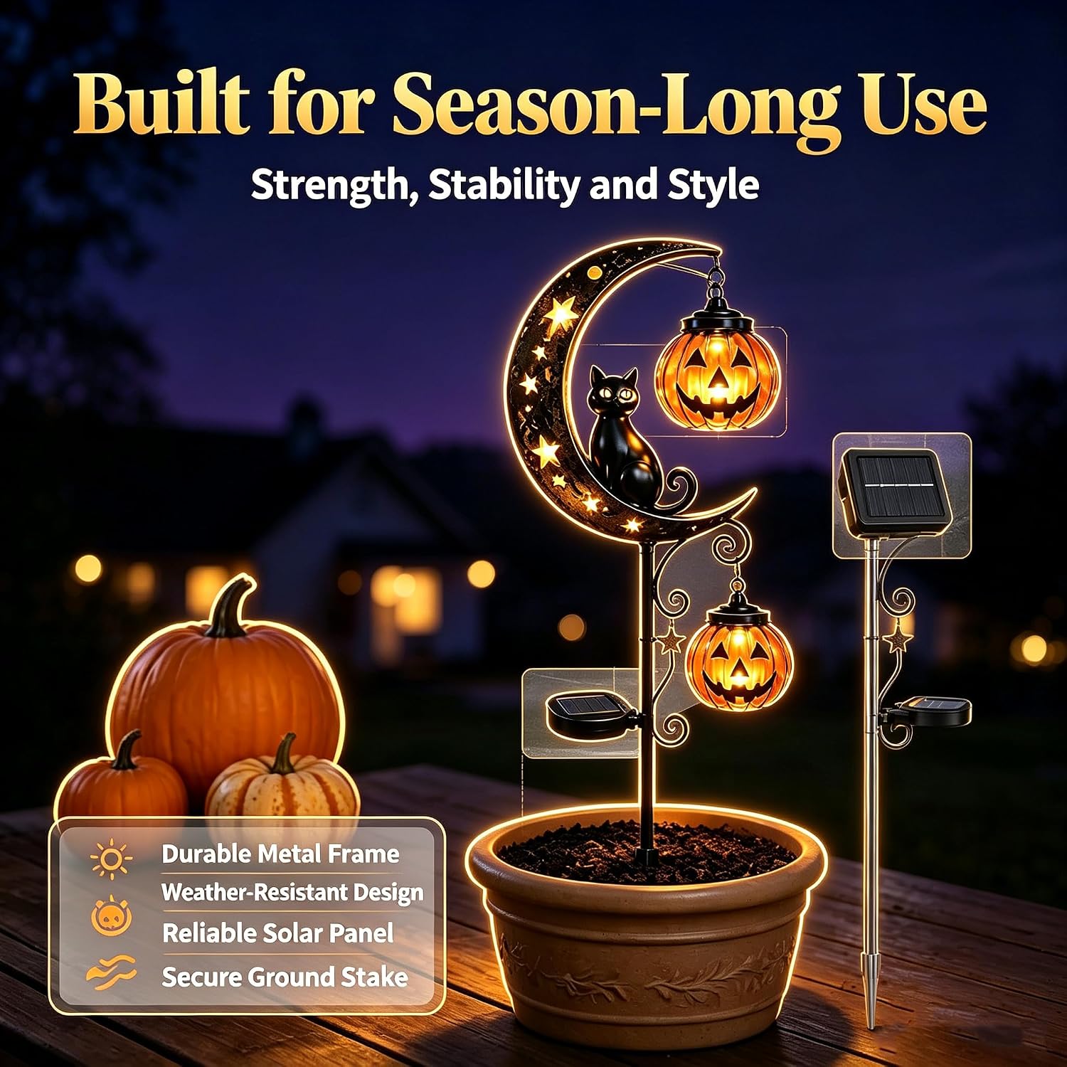 🎃Solar Halloween Black Cat & Pumpkin Moon Garden Stake Light