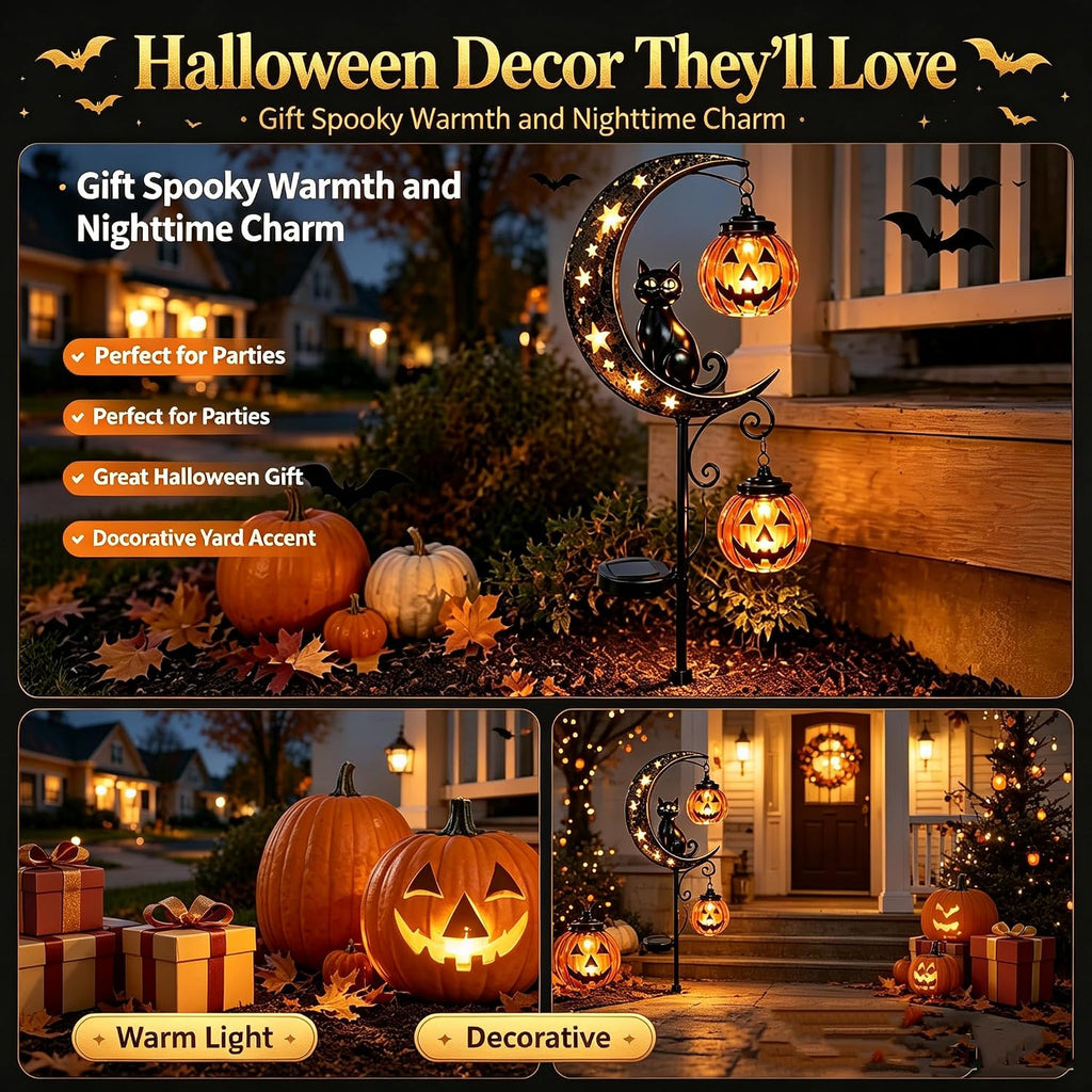 🎃Solar Halloween Black Cat & Pumpkin Moon Garden Stake Light