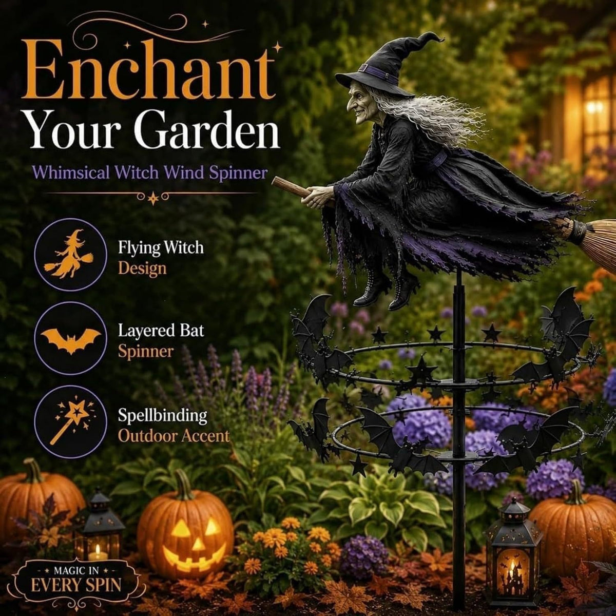 Halloween Flying Witch Garden Spinner – Outdoor Yard Decoration