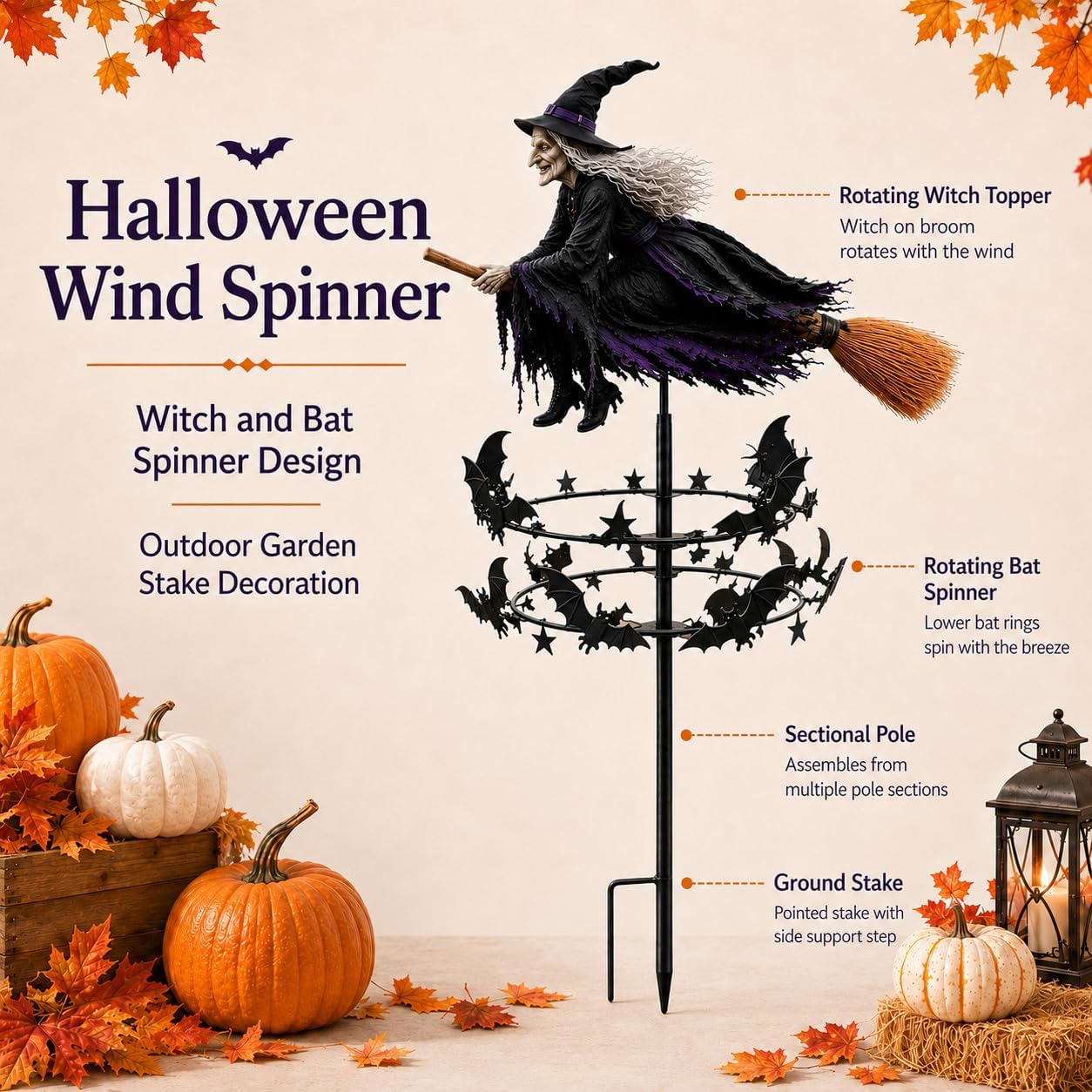 Halloween Flying Witch Garden Spinner – Outdoor Yard Decoration